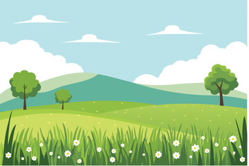 Naklejka premium A peaceful countryside landscape with rolling hills and a bright blue sky