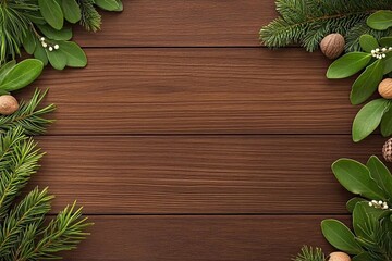 Festive greenery and nuts frame a wood background