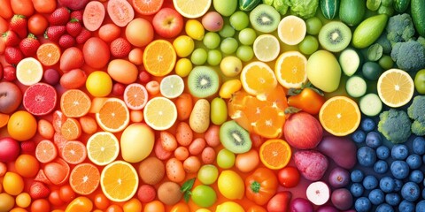 Rainbow of vibrant fruits and vegetables arranged by color