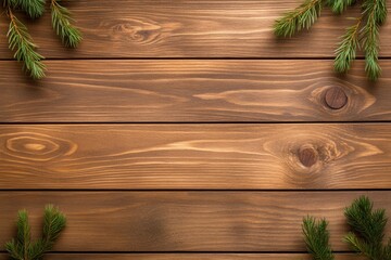 Evergreen Branches Frame Wooden Background