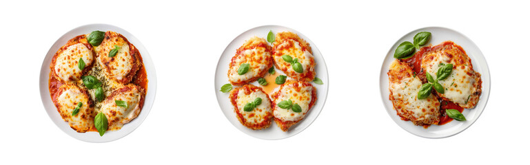 chicken parmigiana top view full length isolate on white background