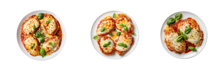 chicken parmigiana top view full length isolate on white background