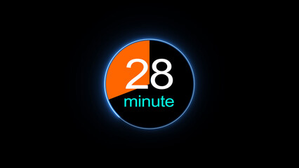 28 minute countdown clock icon illustration, a dynamic circle and 28 minute clock loading icon illustration. black background and creating a stunning 4k illustration.