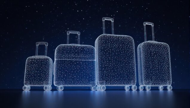 Futuristic digital luggage collection glowing against a starry night sky, symbolizing global connectivity and modern travel.