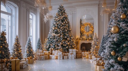 Elegant Christmas Room Decorated With Gold And White Trees