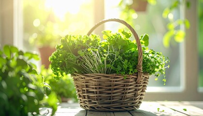 Freshly Harvested Greens A Wicker Basket Filled with Nutrient-Rich Herbs and Vegetables