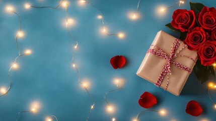 Romantic gift setting with roses and fairy lights