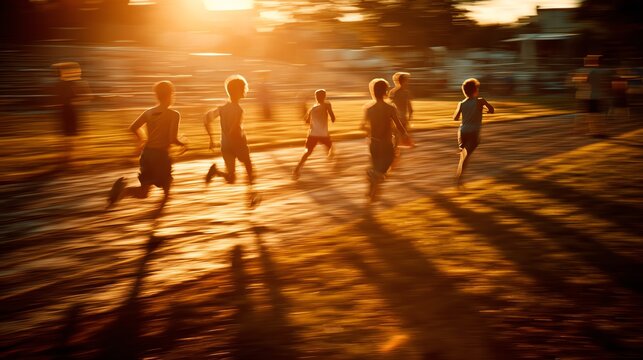 young athletes running relay race on a dirt track, warm golden evening sunlight, motion blur, cinematic candid photo