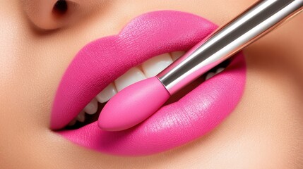 Close up of pink lipstick application on lips