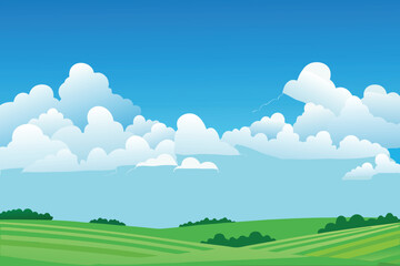 Obraz premium A serene landscape with fluffy white clouds and vibrant green fields