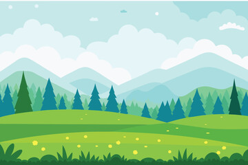 Obraz premium Peaceful cartoon landscape featuring green hills forests and a blue sky