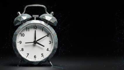 Modern geometric alarm clock with digital network overlay on dark background symbolizing time and connectivity