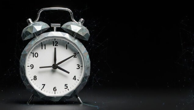 Modern geometric alarm clock with digital network overlay on dark background symbolizing time and connectivity - Powered by Adobe