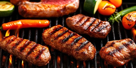 Grilled steaks and vegetables cooking on a barbecue grill