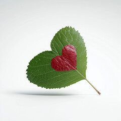 Red heart paints on heart shaped leaf. Minimal love and valentine's day concept