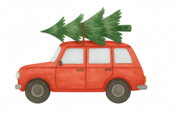 Red car transporting christmas tree, celebrating winter holidays, watercolor illustration on transparent background