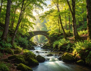 Scenic view of old stone bridge spanning a river in a lush, green forest, bathed in warm sunlight filtering through dense foliage