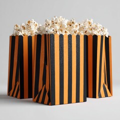 Three striped orange and black patterned popcorn containers filled with freshly popped popcorn on a plain background suitable for cinema and snack themed designs