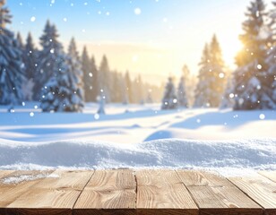 Snowy winter forest scene with sunlit trees viewed from wooden tabletop. Snowflakes falling, background out of focus