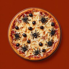 Spooky Halloween themed pizza decorated with black spider and web toppings, cheesy crust with assorted toppings on a warm orange background