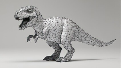 Dynamic 3D wireframe model of a roaring Tyrannosaurus Rex dinosaur, showcasing its fierce jaws and powerful stance for prehistoric projects.