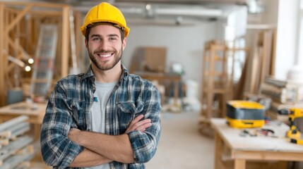 A smiling man in a hard hat standing in a workshop with tools and equipment.