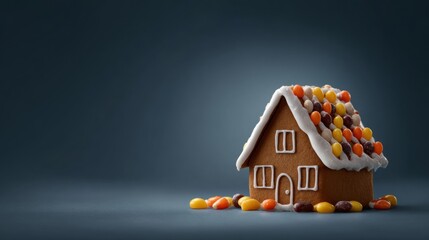 Delicious gingerbread house decorated with colorful candies and icing on a dark background perfect for holiday or festive season themes