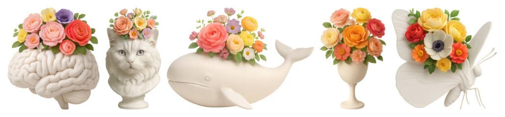 Obraz premium PNG Creative floral animal sculptures, element set on transparent background