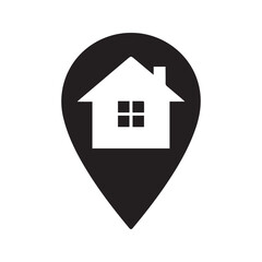 Home location icon, simple house inside a map pin symbol. Real estate property address marker, GPS destination pointer vector logo.
