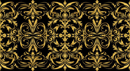 Fototapeta premium Elegant seamless golden ornamental border featuring intricate floral swirls and vintage baroque style elements isolated on a black background