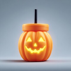 Bright orange pumpkin-shaped lantern with glowing carved face and black straw on smooth neutral background, festive Halloween decoration, spooky holiday prop