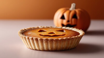 Close-up of a Halloween pumpkin pie with a carved pumpkin in the background, festive autumn dessert for Halloween celebrations and seasonal treat