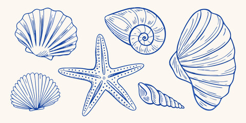 Collection of hand drawn blue line art seashells and starfish on a cream background