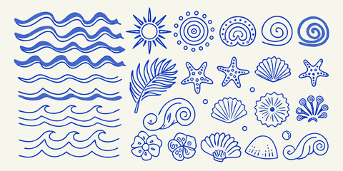 Collection of hand drawn blue ocean waves seashells starfish sun and palm leaf elements on a light background © Rahul