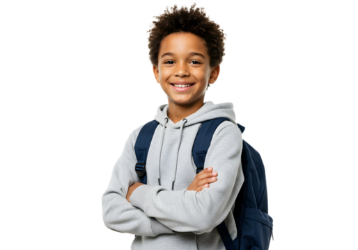 Young boy with backpack smiling confidently, ready for school adventures