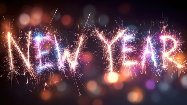 Sparkling fireworks spelling out the word 'NEW YEAR' against a dark, blurred background.