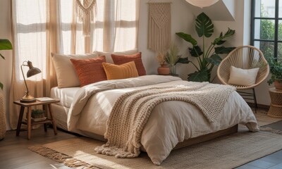 Naklejka premium Cozy bedroom with natural tones, sunlit