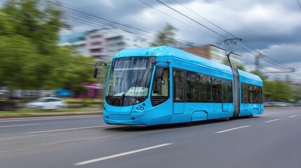 Naklejka premium A blue electric tram on a city street with green trees and buildings in the background.
