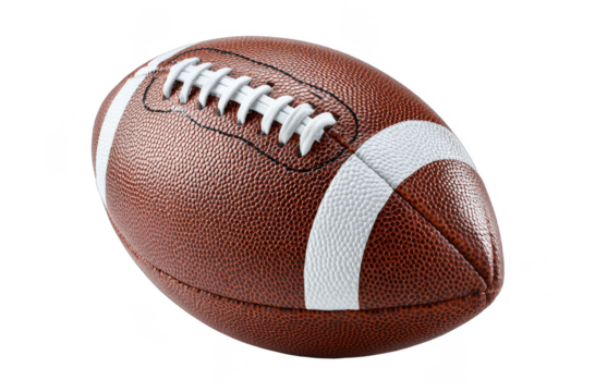 This is a close-up of a brown American football showing its textured surface, white laces, and stripes.