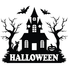 Spooky haunted castle with bats a black cat and pumpkin illustration
