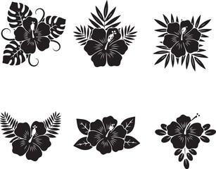 Exotic Floral Arrangements: A collection of striking, silhouetted depictions of tropical hibiscus flowers, accented by lush leaves, creating an artistic expression in a sophisticated.