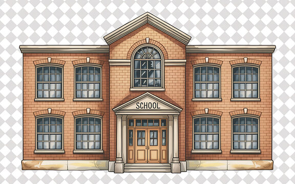 Charming brick schoolhouse facade with inviting entrance and classic architecture, perfect for educational projects or nostalgic designs, capturing school spirit