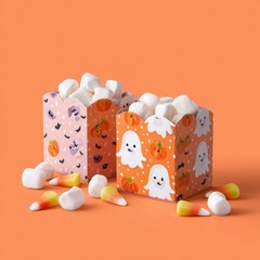 Festive Halloween themed candy gift boxes filled with hmallows and candy corn on bright orange background perfect for holiday celebrations and treats