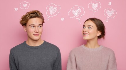 A young couple standing against a pink background, with hearts and speech bubbles above their heads.