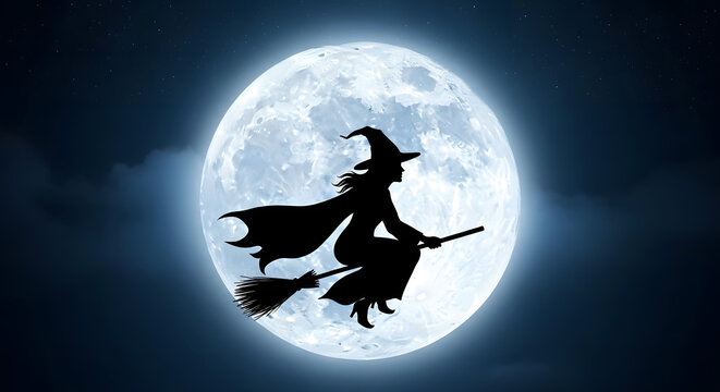 Silhouette of a witch flying on a broomstick in front of a full moon on a dark night sky background