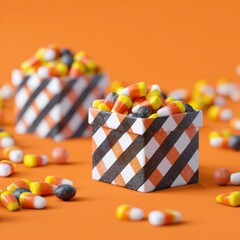 Two small square containers filled with colorful assorted candies on vibrant orange background with scattered candies for a playful sweet treat display