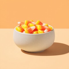 Bright colorful candy corn in a simple white ceramic bowl on pastel orange background with soft shadow, minimal style, vibrant sweets for Halloween or festive celebration