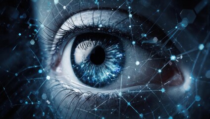 Striking close-up of a human eye with brilliant blue iris, overlaid with a futuristic glowing digital network of interconnected nodes and lines, symbolizing data and technology