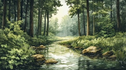Obraz premium Tranquil forest stream, lush greenery, sunlight filtering. Use Nature background, wallpaper