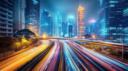 Fototapeta premium Night city highway, lights trails, skyscrapers, busy urban scene, stock photo